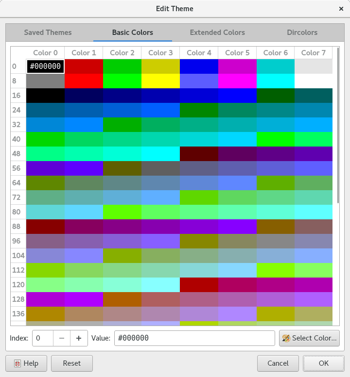 Picture of Theme Editor dialog showing basic colors tab