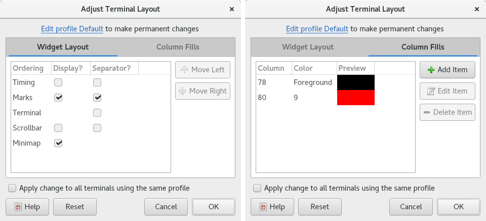 Side-by-side pictures of Adjust Layout dialog with both tabs active.