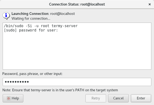 Picture of Connection Status dialog showing a prompt displayed by sudo.