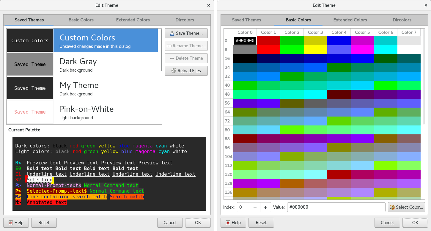 Side-by-side pictures of Theme Editor dialog, tabs 1 and 2.